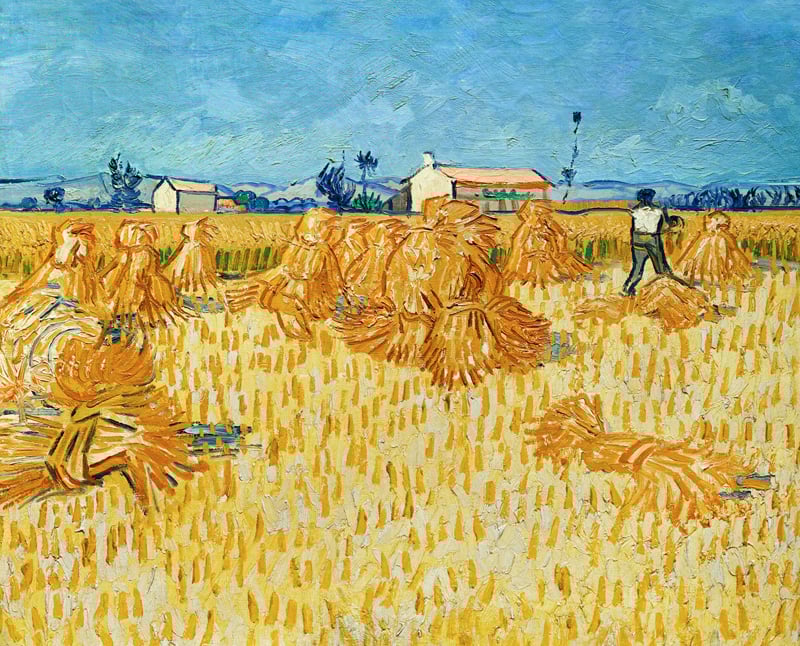 bright expressionist painting of piles of hay and a person walking away from us