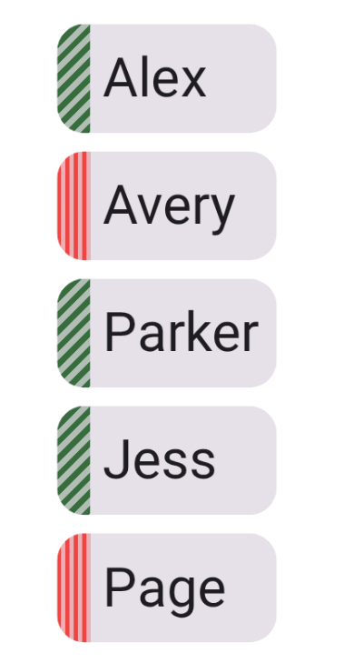 List of users with either green pattern with stripes on about 45 degrees, or red pattern with vertical stripes in the left edge of the card: Alex with green, Avery with red, Parker with green, Jess with green and Page with red.