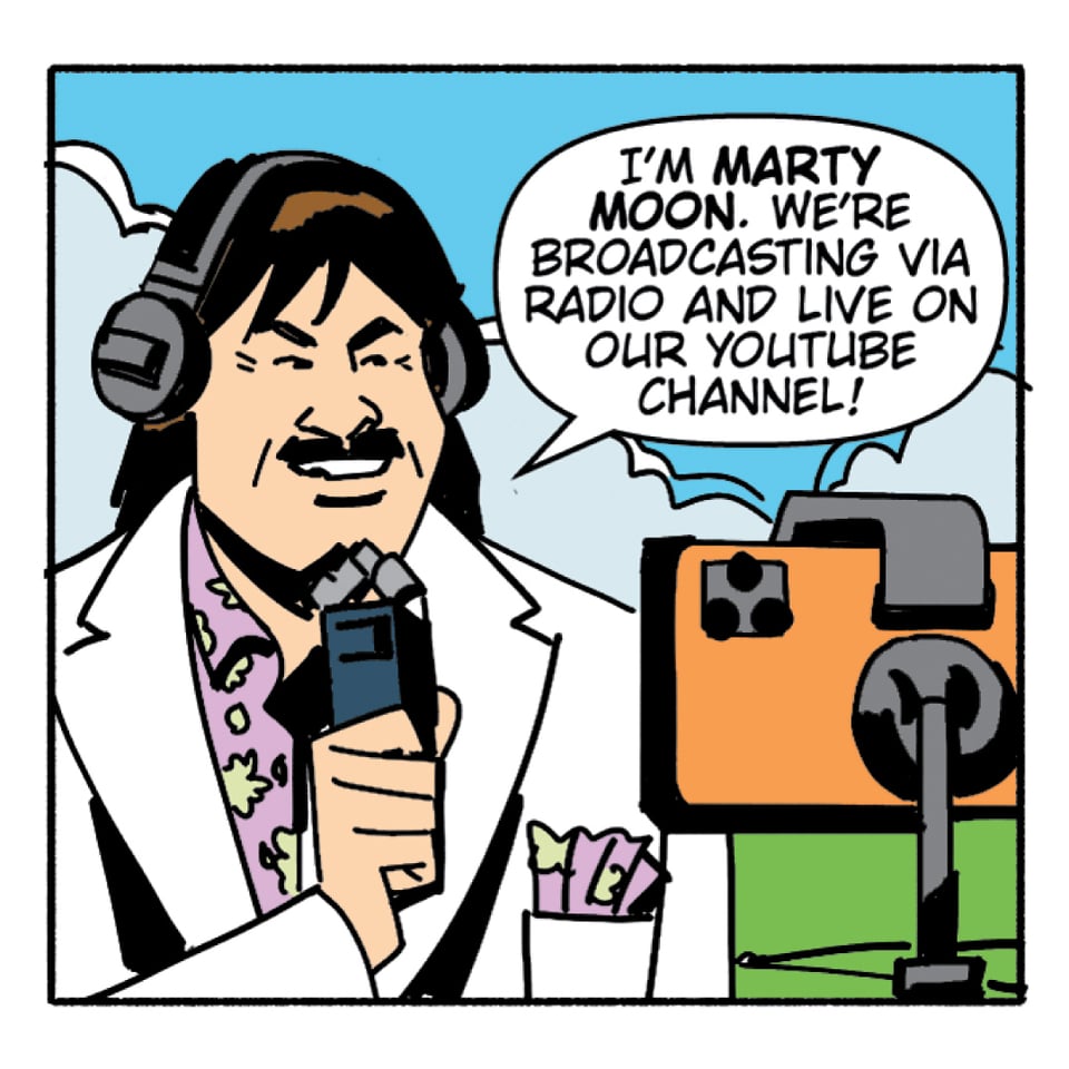 Gil Thorp art by Rachel Merrill and Henry Barajas. Marty Moon streaming from a golf course.