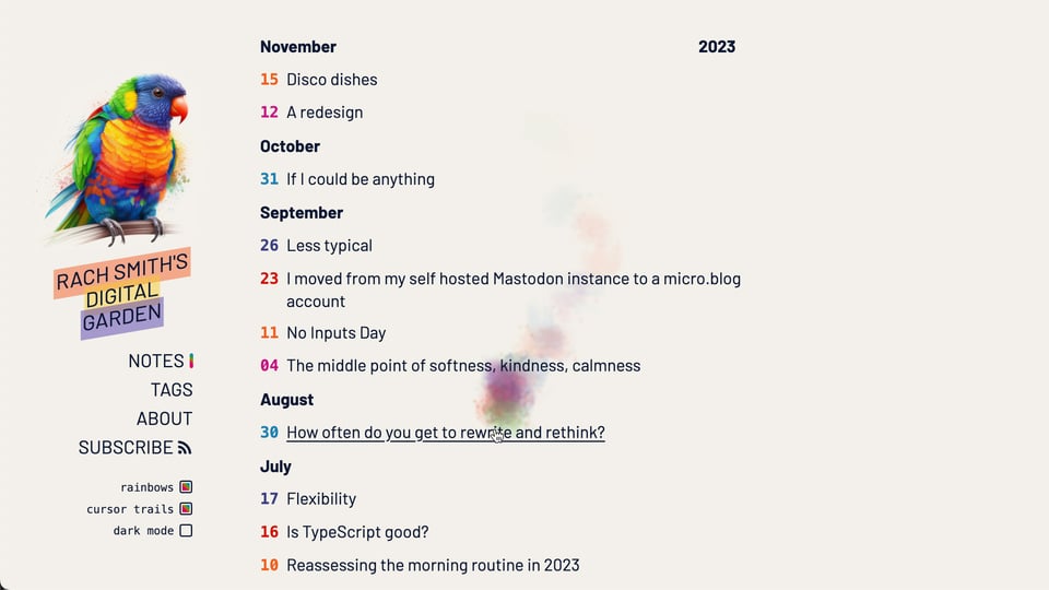 The home page with notes sorted by month of publication