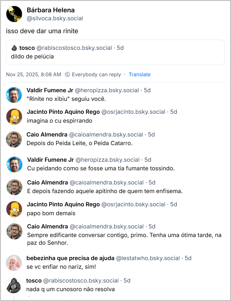 Sequência de posts, sendo o primeiro de Bárbara Helena (@silvoca.bsky.social). Ela cita o post de tosco (@rabiscostosco.bsky.social) que disse: “dildo de pelúcia”, com o texto: isso deve dar uma rinite O Jacinto Pinto Aquino Rego (@osrjacinto.bsky.social) respondeu: imagina o cu espirrando O Caio Almendra (@caioalmendra.bsky.social) respondeu: Depois do Peida Leite, o Peida Catarro. O Vampetaço Climático (@durolocus.bsky.social) respondeu: nada que um supositório não resolva A bebezinha que precisa de ajuda (@lestatwho.bsky.social) respondeu: se vc enfiar no nariz, sim! O Valdir Fumene Jr (@heropizza.bsky.social) respondeu: "Rinite no xibiu" seguiu você. E o tosco (@rabiscostosco.bsky.social) arrematou: nada q um cunosoro não resolva