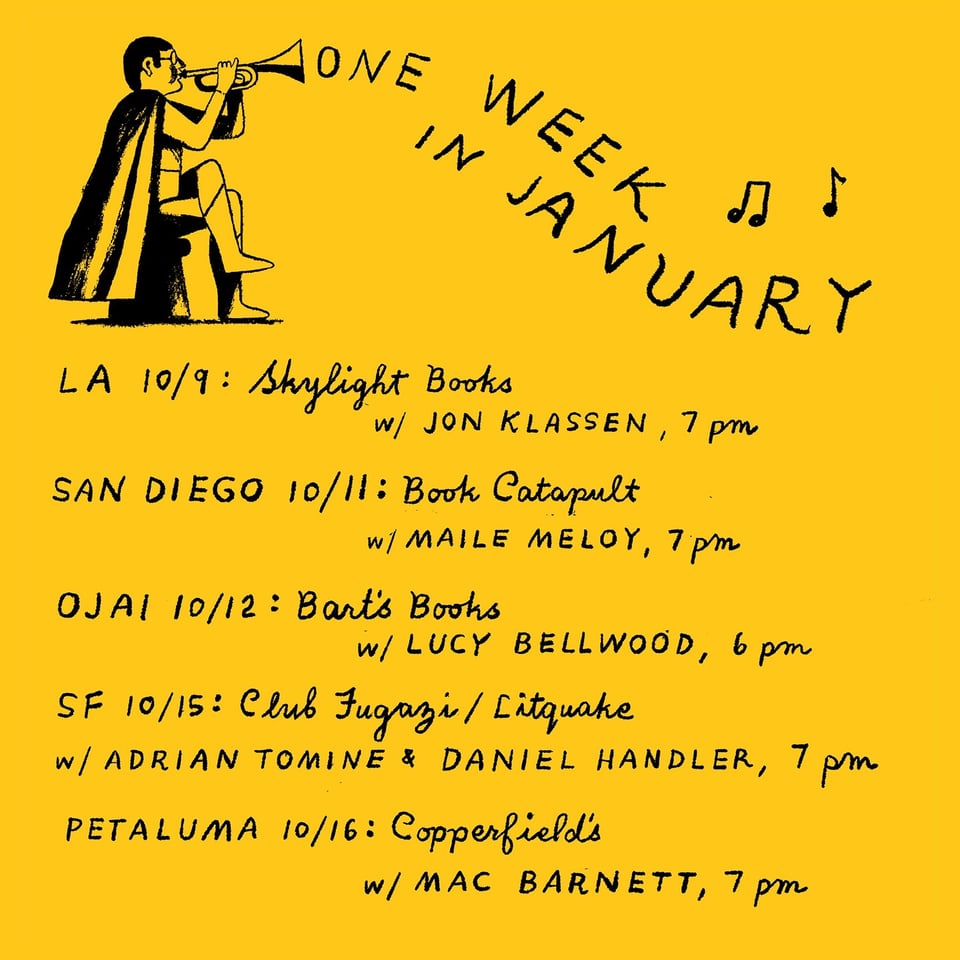 The schedule for Carson Ellis's book tour for One Week in January, showing stops along the west coast.