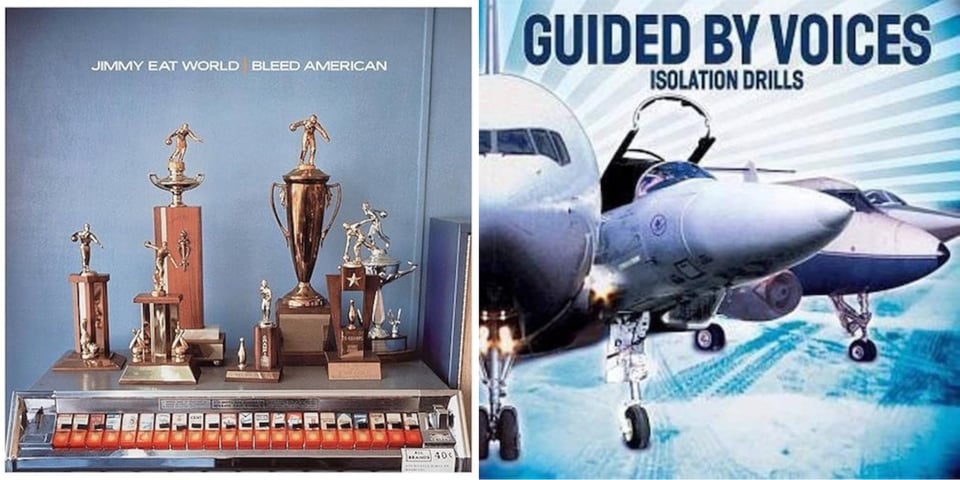 First pic: Seven bowling trophies, of varying size, on top of an old cigarette dispensing machine, like you might have found in the 50s or 60s. All that's visible of the machien are a row of buttons along the bottom of the image, with a picture of a cigarette brand on each button. Behind the trophies is a blue wall.  Second pic: A photograph of four different planes, the first pointed straight at the camera, then the others pointed at an angle away from the camera until the fourth plane is 90 degrees pointing to the right. The first plane appears to be a passenger jet, the second one looks like a military fighter, and I believe the last two are commuter planes.