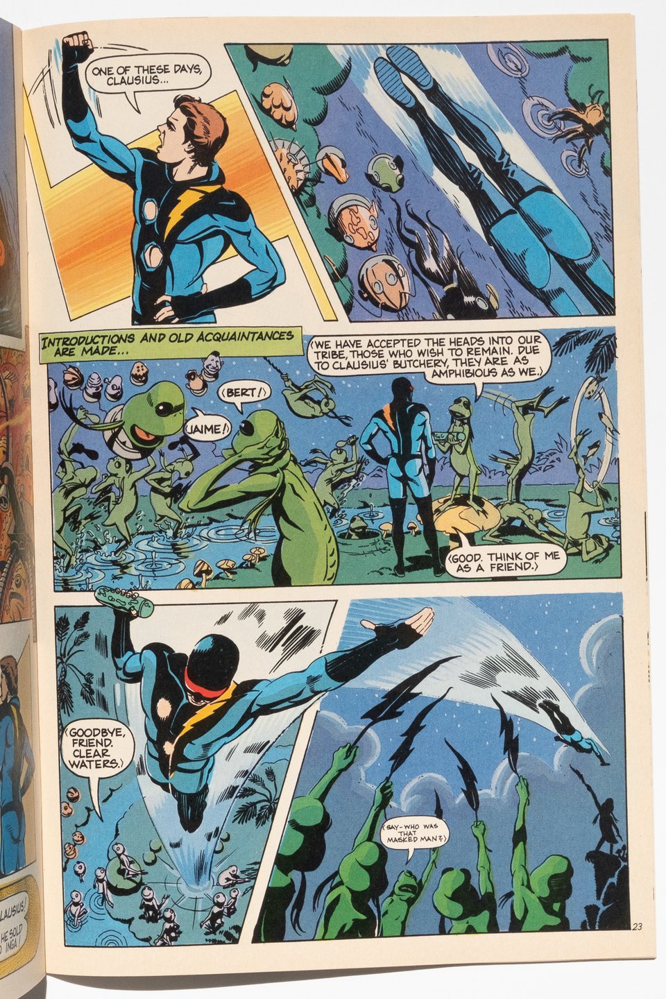 a page from Nexus of the titular character interacting with a group of frog-like aliens