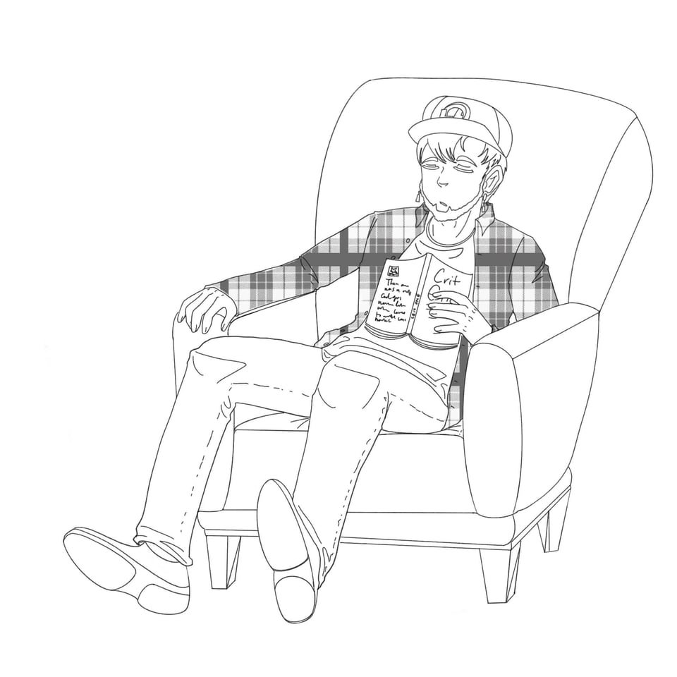 Black and white drawing of me sleeping in a chair with a comic in my hand