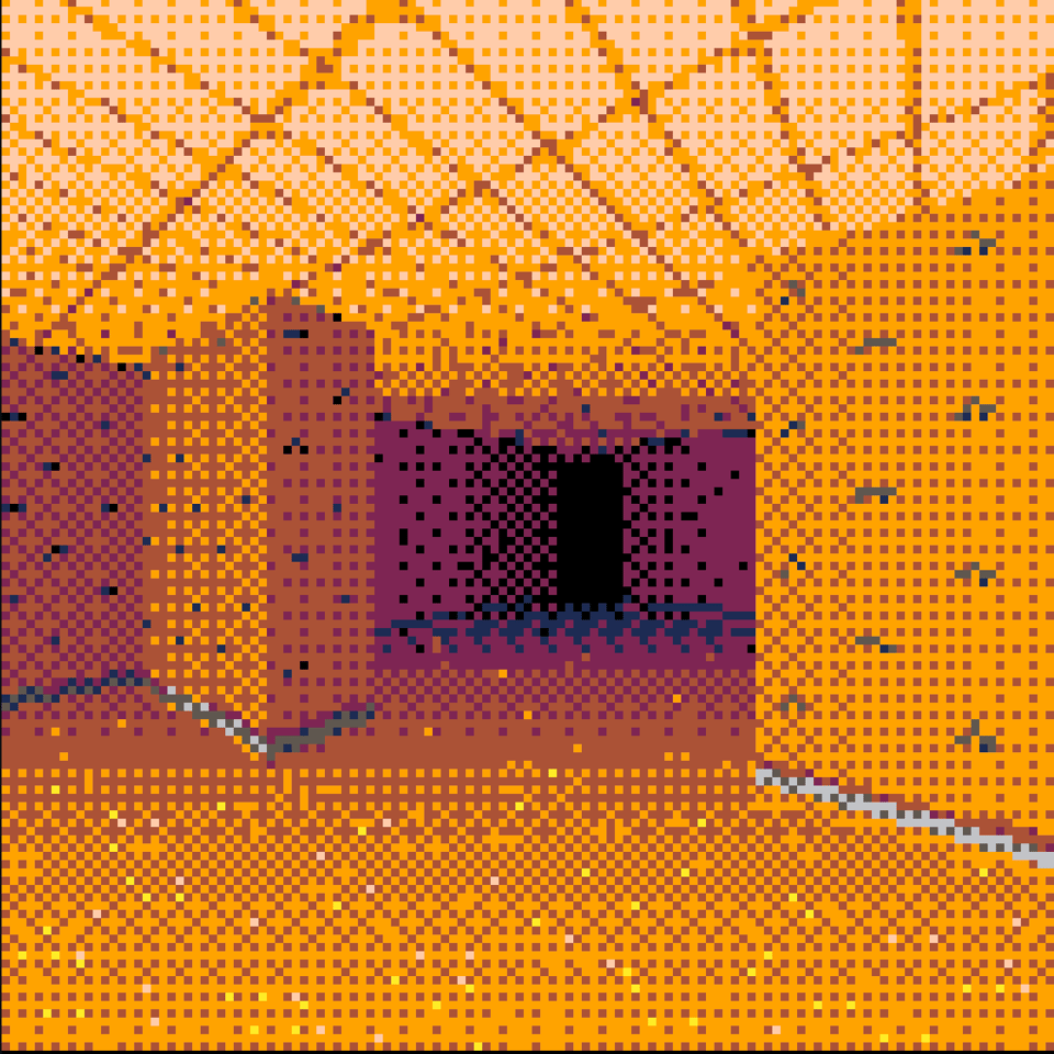 A screenshot of a pixellated, seemingly 16-bit video game. It shows a yellow room with a low yellow ceiling, and through an opening in the wall, another yellow room with a hallway behind