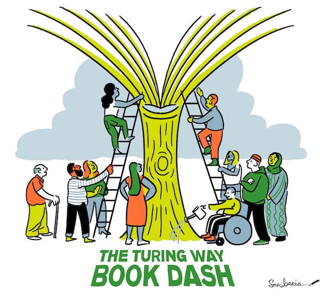 A tree with lots of peolle climbing up the side and others watering it. The caption says The Turing way book dash