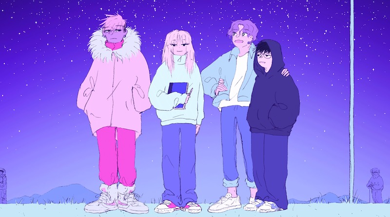 Key art from If Found. Hand drawing of four characters standing undera starry sky. They look chill. The girl in the center has long hair and is holding a notebook while looking straight at us. The three other characters all look quite androgynous and are looking at each other with benevolent looks. In the distance we can see an old woman with a walking stick