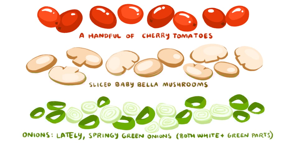 A handful of cherry tomatoes; sliced baby bella mushrooms; onions: lately, springy green onions (both white and green parts)