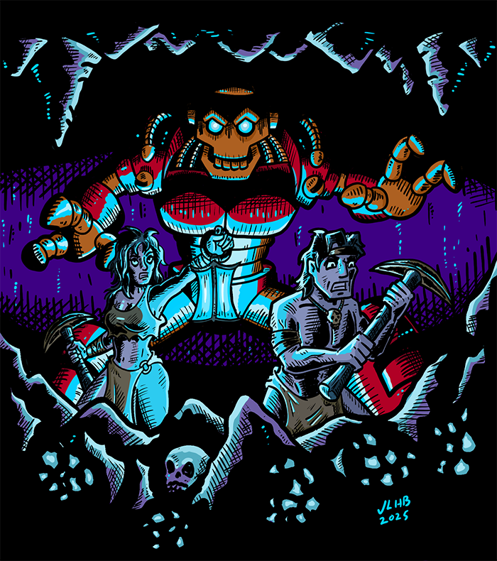Two scantily-clad miners are holding pickaxes, apparently digging for glowing blue rocks, while an ominous robots looms behind them.