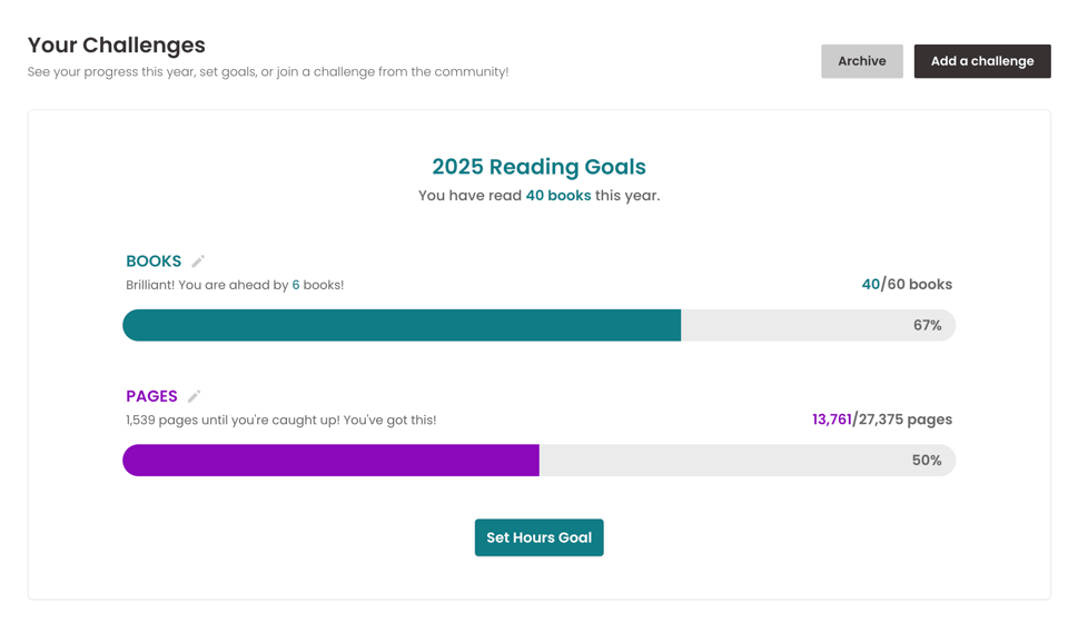 An updated reading challenge interface featuring bold and differentiated colour coding. The “Books” progress bar uses a deep teal, while the “Pages” bar stands out in bright purple, offering immediate visual separation between the two goals. Section headers match the colours of their corresponding bars for visual cohesion. Text is crisp, with key stats like book counts and percentages highlighted in matching colours. The overall layout is clean and centered, with high contrast between coloured elements and the light background, giving it a fresh and modern look.