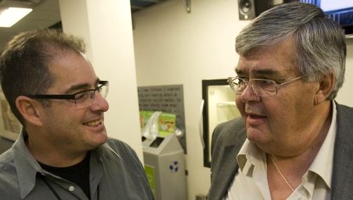 Steve Simmons speaks with the Edmonton Sun’s Terry Jones during a Leafs’ game at the Air Canada Centre in 2011.