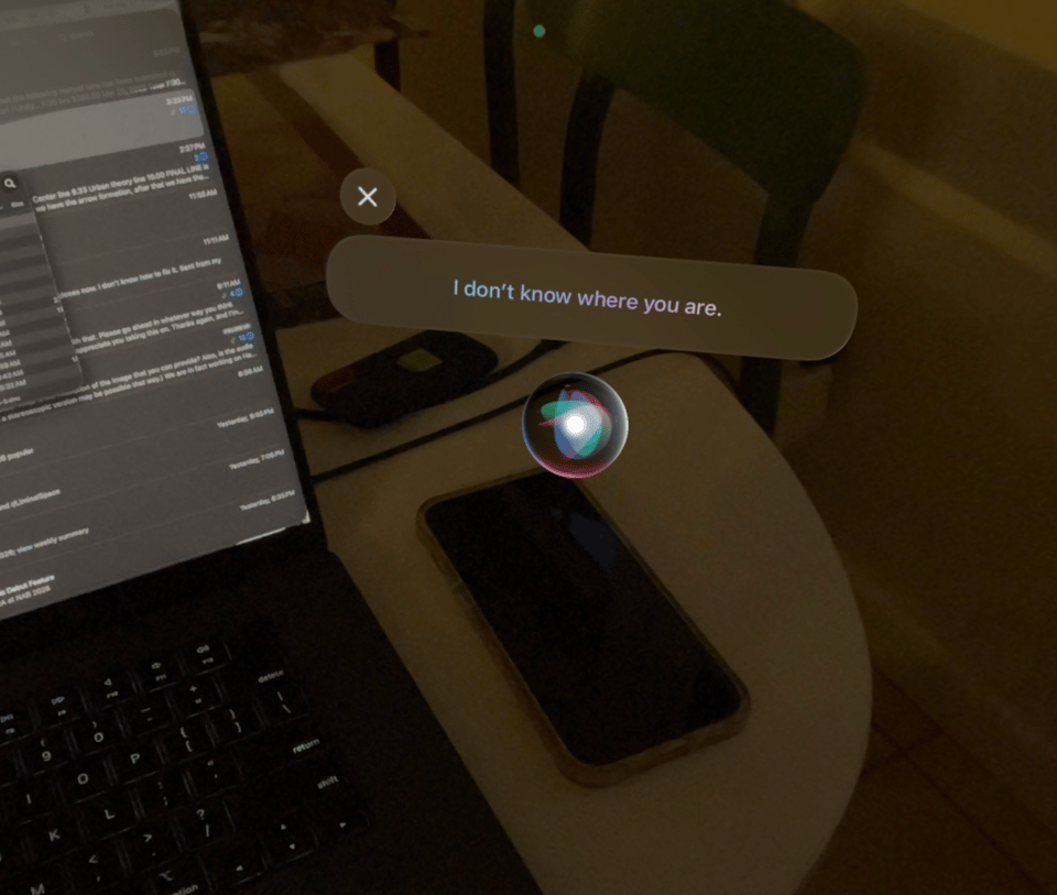 Screenshot of Siri being lost. And why Apple is slowing down its spatial media work.