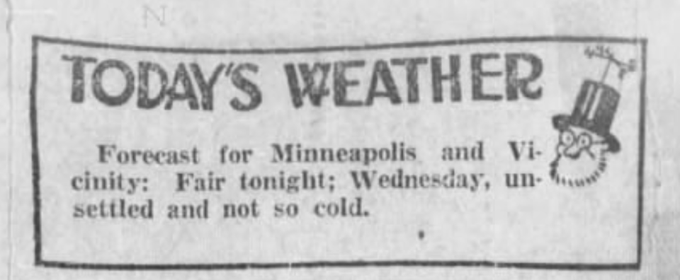 Weather forecast from the 1/1/1924 edition of the Minneapolis Daily Times newspaper