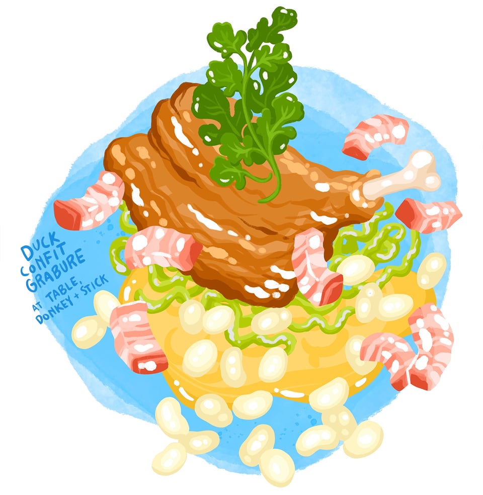 A confit duck leg, white beans, lardons and cabbage