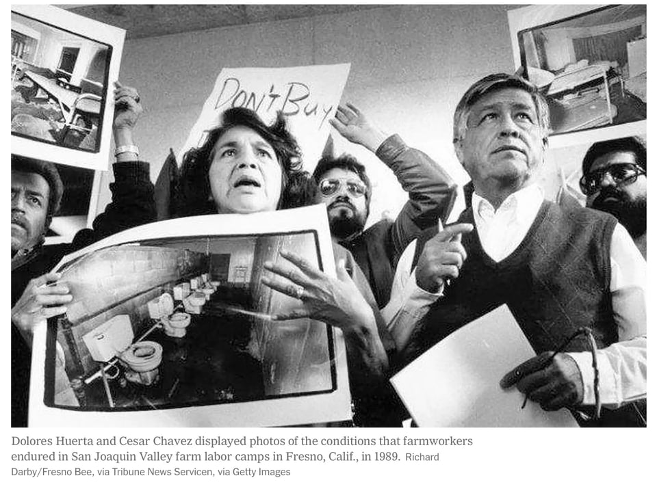 Dolores Huerta and Cesar Chavez displayed photos of the conditions that farmworkers endured in San Joaquin Valley farm labor camps in Fresno, Calif., in 1989