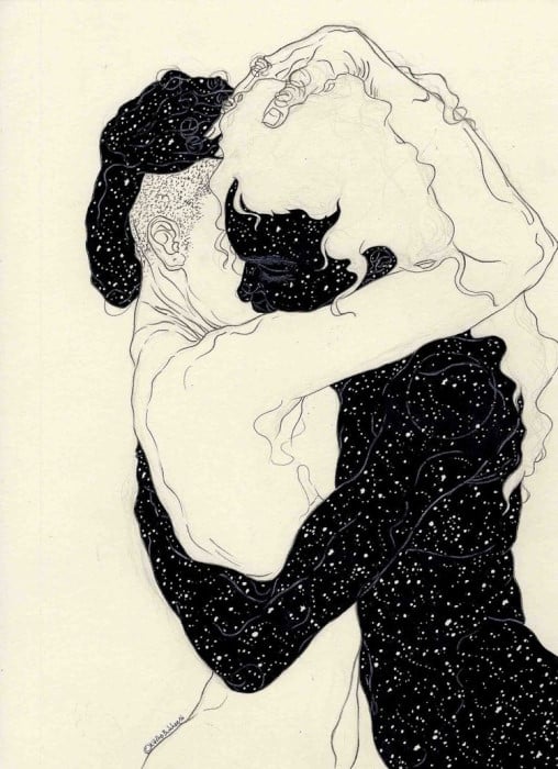 An illustration of two naked people hugging. One of them has skin made of stars and white hair, the other has white skin and hair made of stars.
