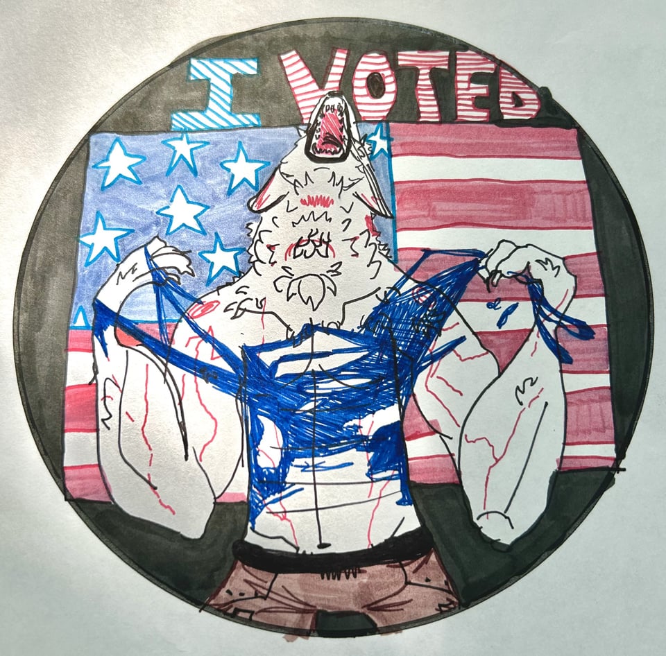 Image of the famous Michigan "I Voted" werewolf sticker, a drawing depicting a ripped and unhinged wolf-man tearing off his shirt in front of an American flag with the words "I VOTED" in the background.