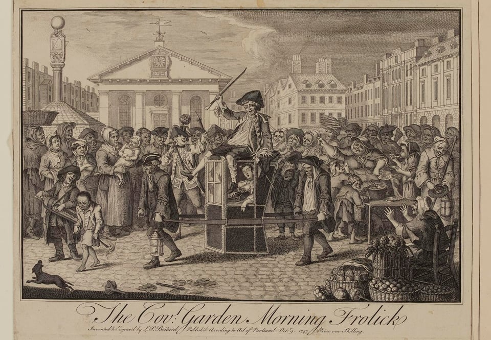 An 18th century print shows a crowd gathering in Covent Garden around a sedan chair being carried by two men with pointy hats, with a third man drunkenly perched on top. A woman is snoozing with her mouth open inside the sedan. Everybody is sort of caricatured with cartoonish expressions.