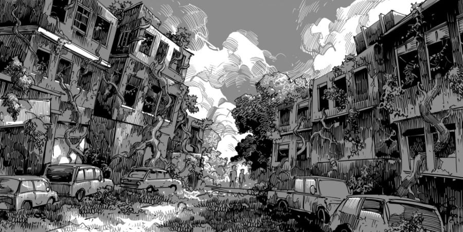 A black and white illustration of a street with trees and vines growing through the buildings on either side of a road choked with decrepit cars.