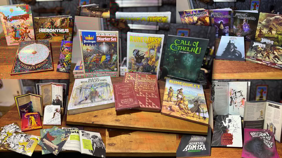 A cornucopia of TTRPG books in a collage of photos where they are displayed nicely on a wooden table.