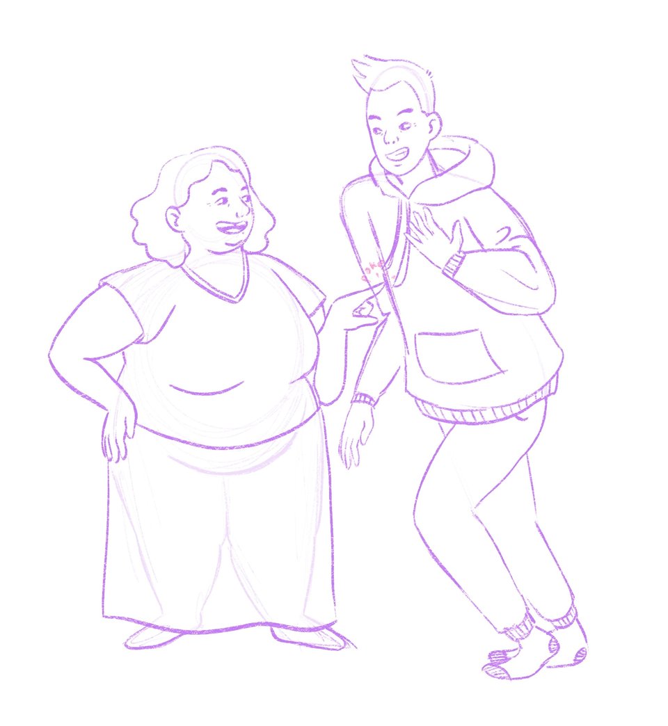 A purple sketch of two people playfully interacting. The person on the left is fat and white with short, wavy hair and a gap tooth. They wear a t-shirt and a skirt, and they grin at the man standing next to them as they poke him. The man on the right is a tall, thin Asian man with short hair that sticks up in the front. He wears a hoodie and sweatpants, and he grins playfully at the other person, moving toward them and holding their hand up to their chest.