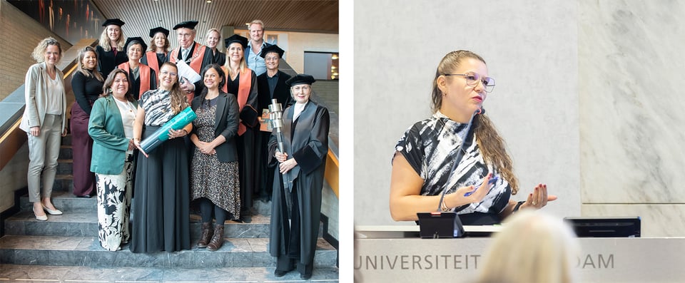 Pictures of the defense of Dr. Saskia Franken. On the left there is a picture after the defense with the entire committee. On the right there is a picture of Saskia answering questions from the committee during the defense.