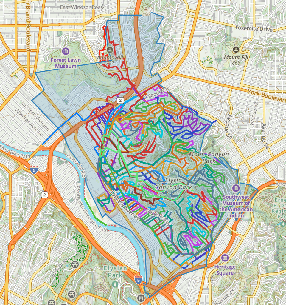 A map of the zip code 90065 with many multi-colored lines illustrating previous walks recorded on GPS