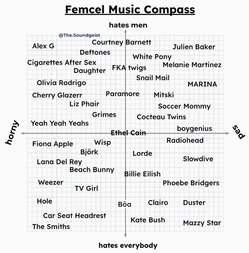 A graph marked Femcel Music Compass. The horizontal axis is horny to sad, and the vertical axis is hates men to hates everybody.