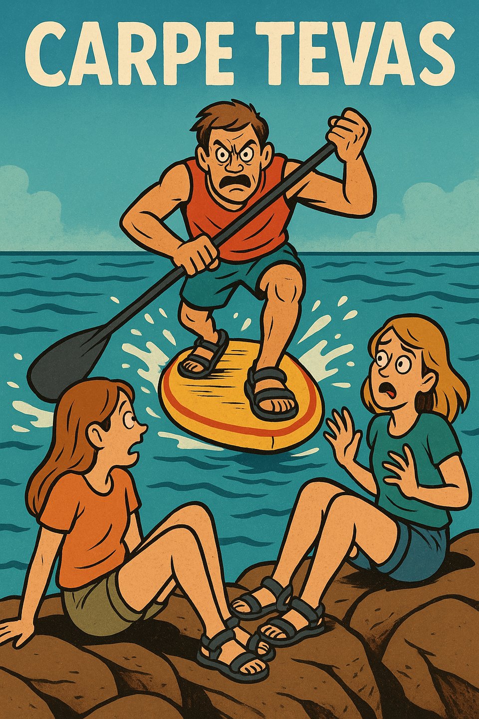 AI-generated image of an angry man in Tevas on a stand-up paddleboard, paddling aggressively towards two girls sitting on the rocks on the shore looking both surprised and horrified by his rapid approach.