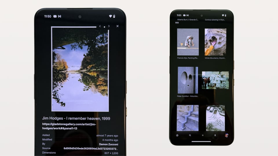 A diptych showing two phones with an Are.na block and an Are.na channel on the screen in dark mode.