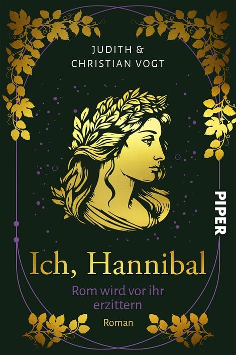 Das Cover zeigt einen goldenen lorbeergekrönten Frauenkopf auf schwarzem Grund, darum herum goldene Blattornamente. Unter dem Titel steht in violett "Rom wird vor ihr erzittern"