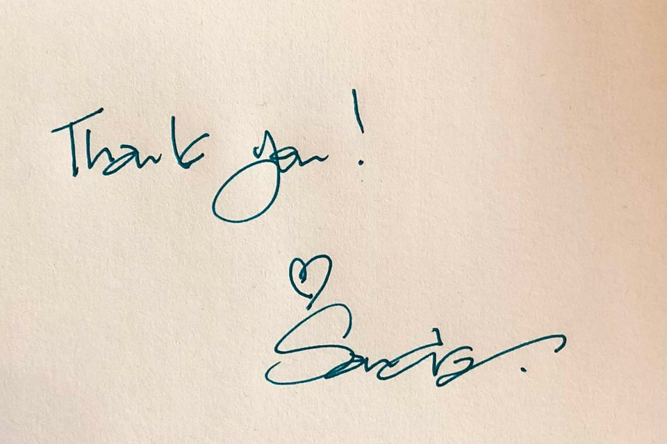 a handwritten note by me: Thank you! a heart and Sandra, all in teal ink on cream paper