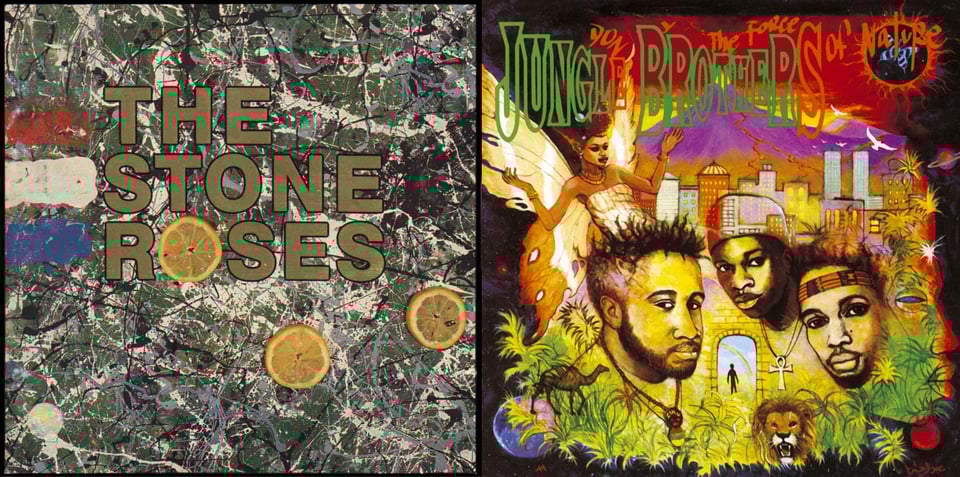 First pic: This is a painting in a Jackson Pollock style, of splatters of white and black paint on a dark green background. On the left are three thick strips of paint, one red, one white, one blue. There are three circular slices of an orange or lemon on the canvas as well. THE STONE ROSES in gold lettering is in the center, and one of those slices forms the O of Roses. Second pic: A colorful drawing of the heads of three young Black men, surrounded by images of the jungle along the bottom (grass, trees, a camel, a lion) and a city skyline above them. Beyond the sklyine is a big purple volcano, erupting. Also above them is a Black fairy-like creature with butterfly wings. Around the edges of the picture are planets.