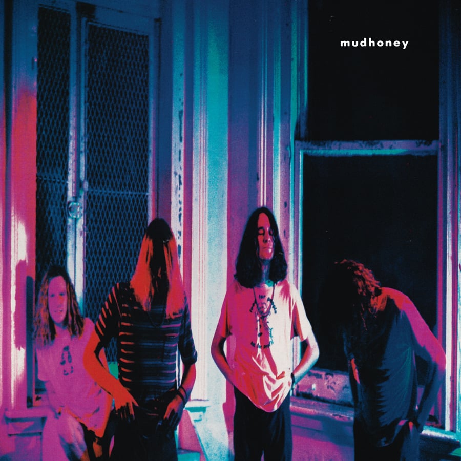 A picture of the band (four white guys with long hair in t shirts) standing in front of some windows at night, with blue and pink lights on them.