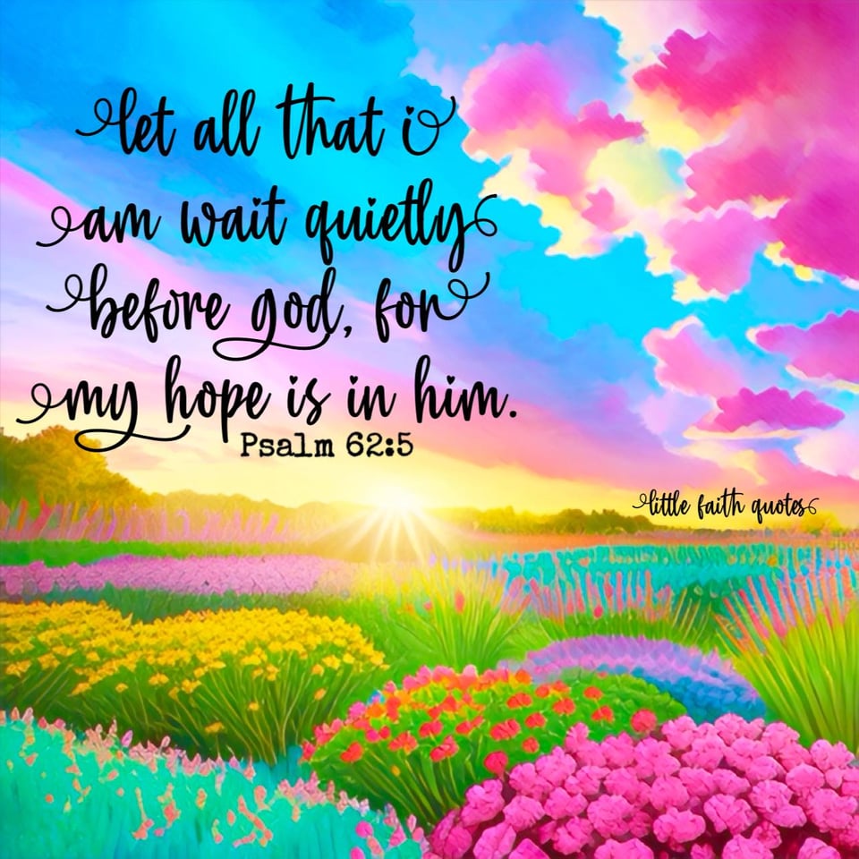 "Let all that I am wait quietly before God, for my hope is in him." ~Psalm 62:5. The sun sets as pink and blue clouds soar across the sky. A field of yellow, pink, purple, teal, and blue flowers pop in the foreground. Image by: @Little Faith Quotes................................