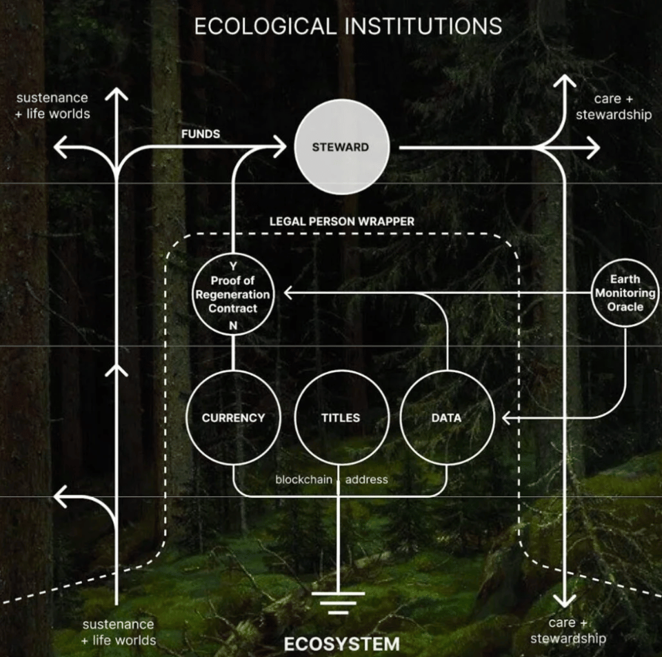 White type against a photo of dark forest. Words in the diagram include sustenance, care, stewards, ecosystem, all connected by a series of arrows.