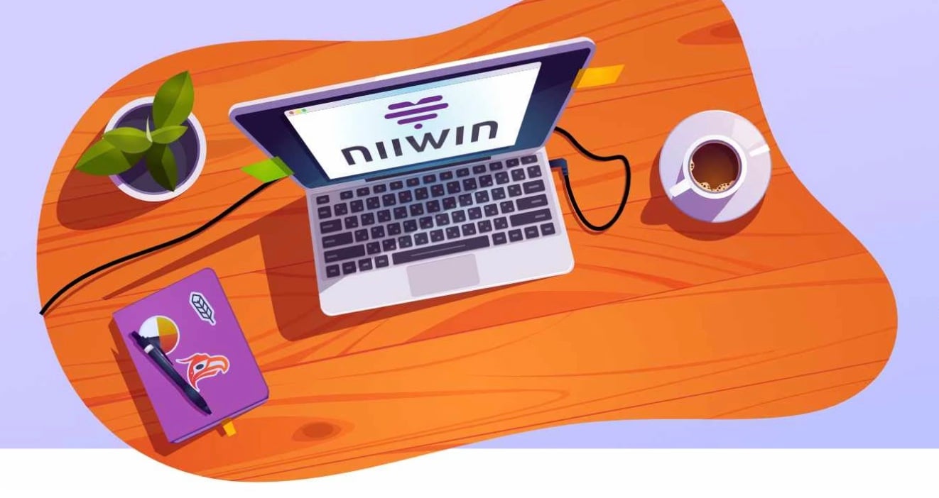 A graphic image of a table top viewed from above, with a laptop, cup of coffee, and a pen and notebook visible.