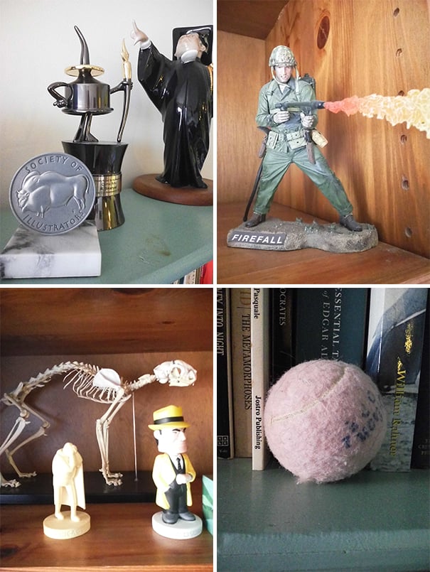 four digital Instax photos: top left, several awards for cartooning on top of a bookshelf; top right, a plastic figurine of a US soldier shooting a flame-thrower, with "FIREFALL" inscribed on the faux-stone base; bottom left, a shelf containing a plastic cat skeleton, a figurine of a weeping superhero, and a Dick Tracy bobblehead; bottom right, a pink tennis ball on a bookshelf, with books behind it