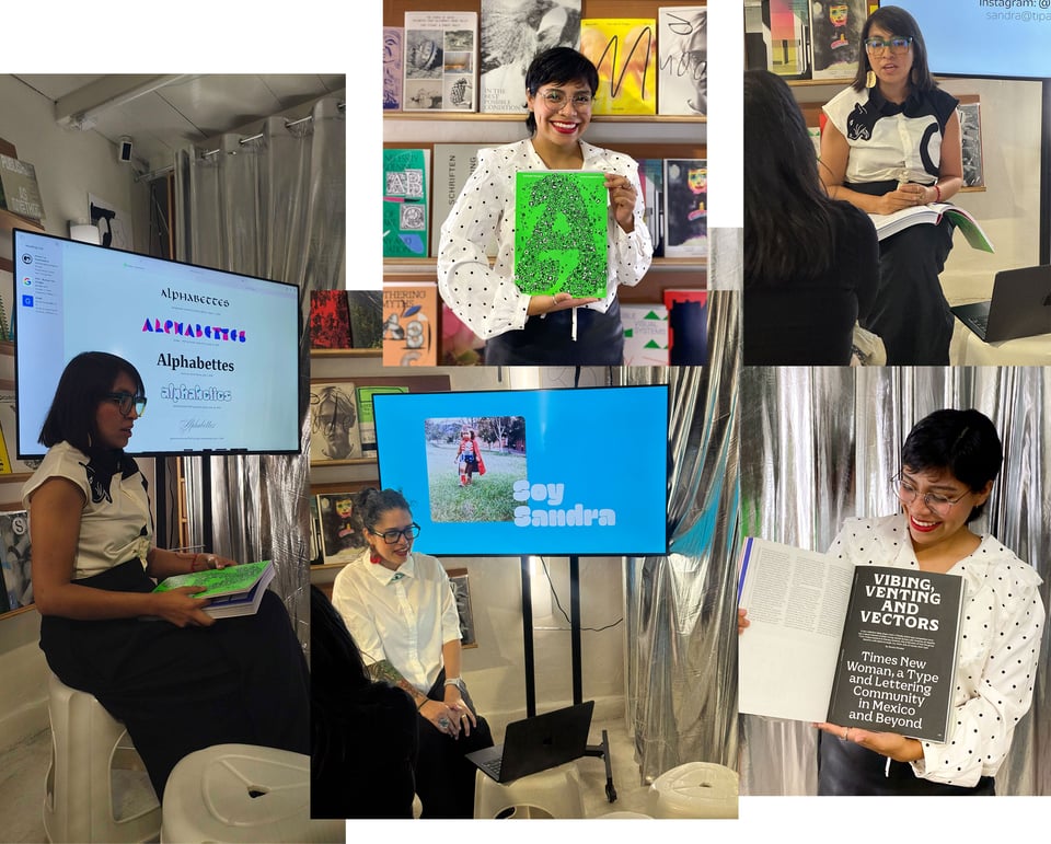 a collage of images of people holding a book and presenting and talking in front of a screen with examples of work