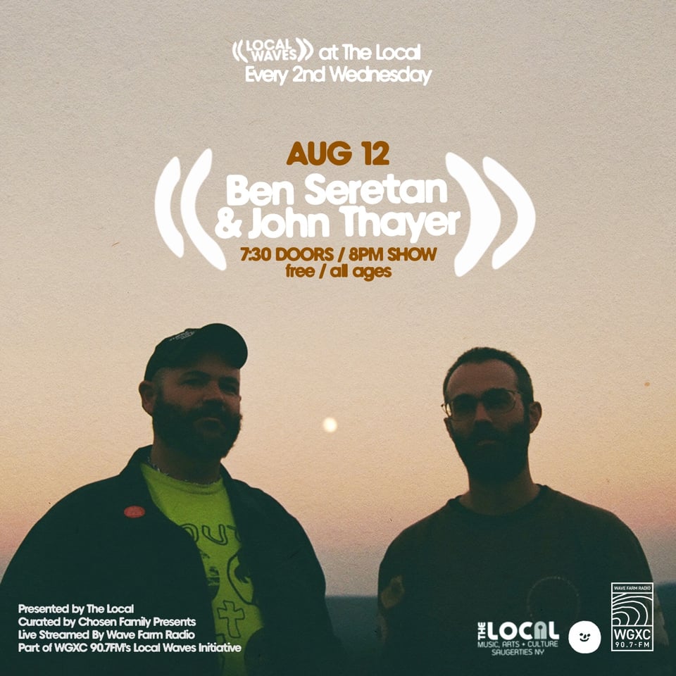 Ben Seretan and John Thayer at The Local on August 12, with doors opening at 7:30 PM and the show starting at 8 PM - - two guys nearly in shadow stand in front of a rising full moon blooming over the valley