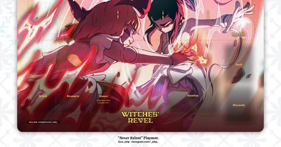 A playmat render showing Celosia and Nymphaea locked in close combat, one smiling and the other determined. "Never Relent", illus. johp · instagram.com/_johp_