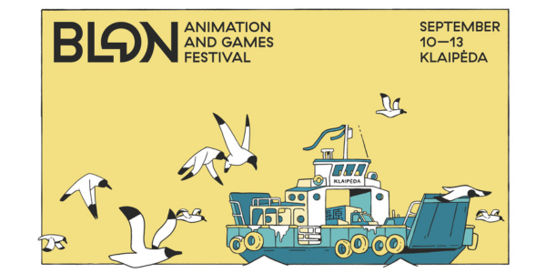 BLON Animation and Games Festival poster featuring an illustrated ferry surrounded by flying seagulls on a yellow background. The festival takes place in Klaipėda, September 10–13.