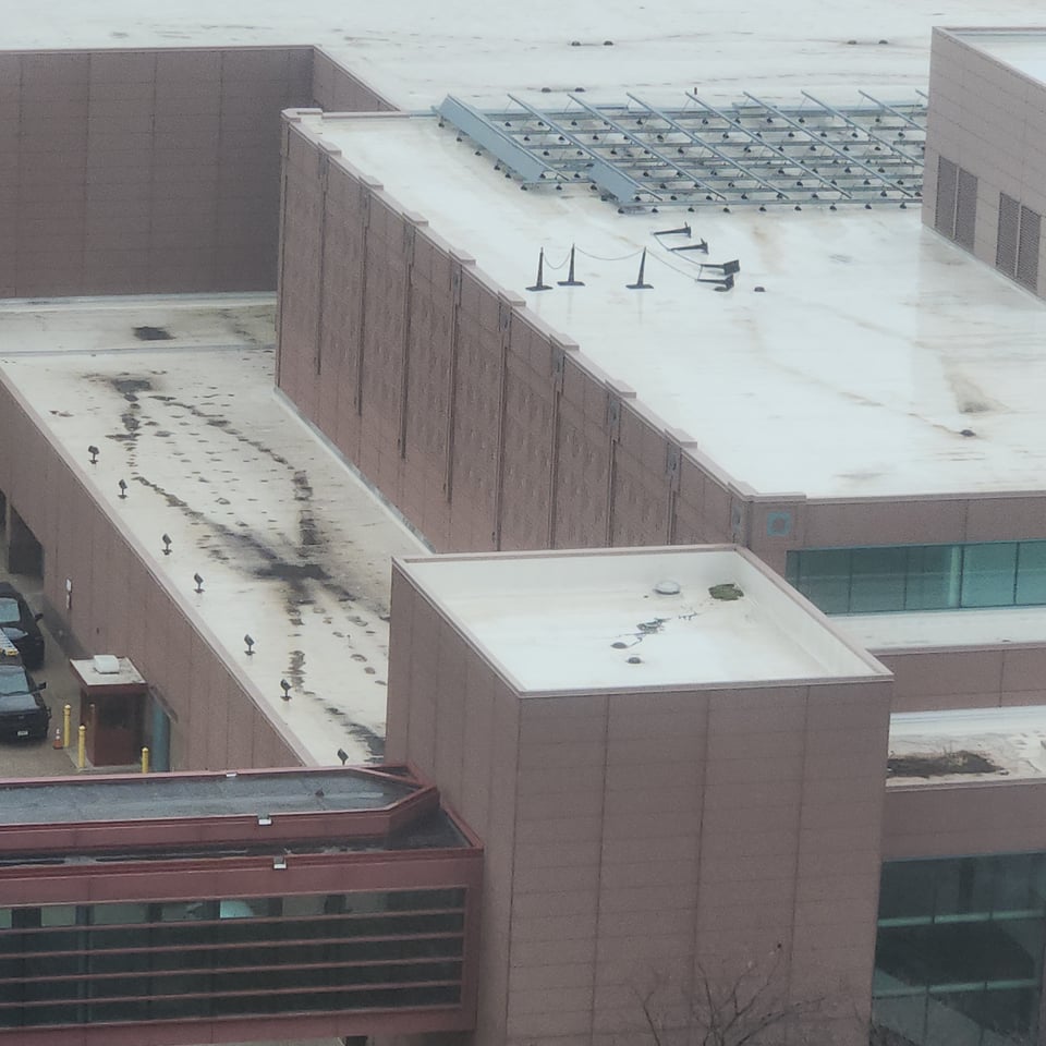 View of a rooftop in downtown Minneapolis on a foggy day.