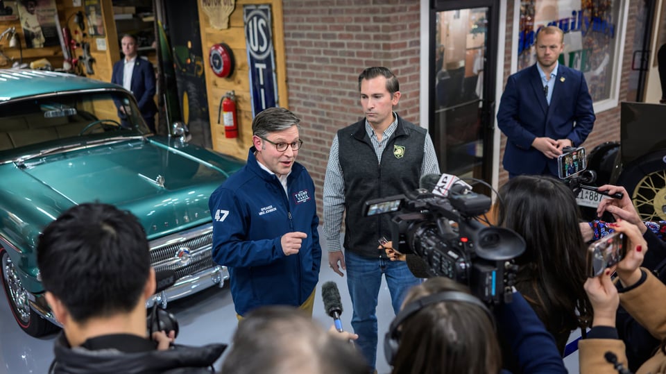 Speaker Mike Johnson put the president on speakerphone during a Monday stop in Tennessee