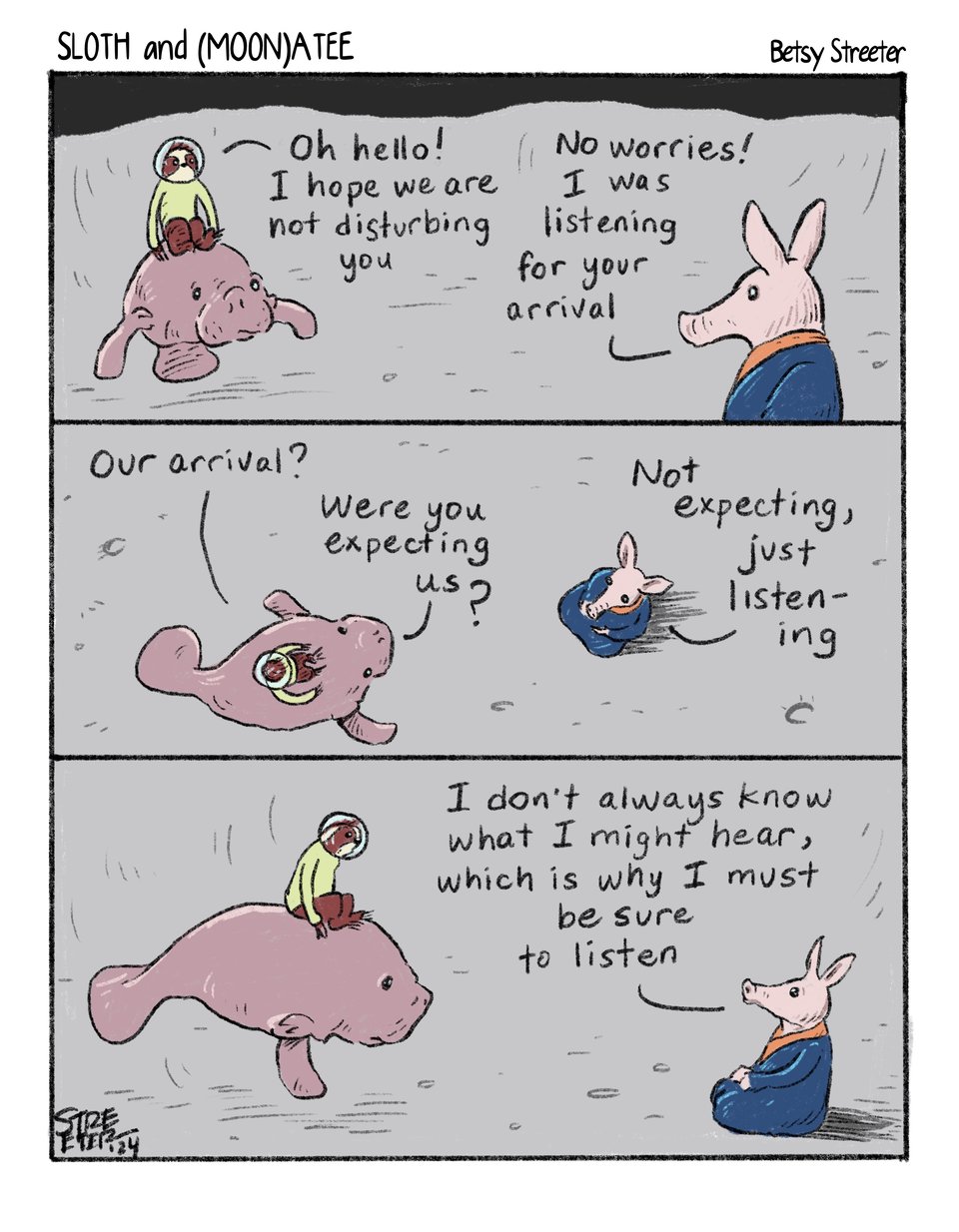 Sloth and Manatee cartoon in which they meet the Listening Aardvark