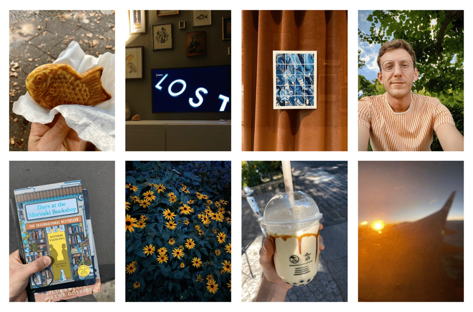 Collage mit Fotos: Blumen, bubble tea, eine japanische Fischwaffel