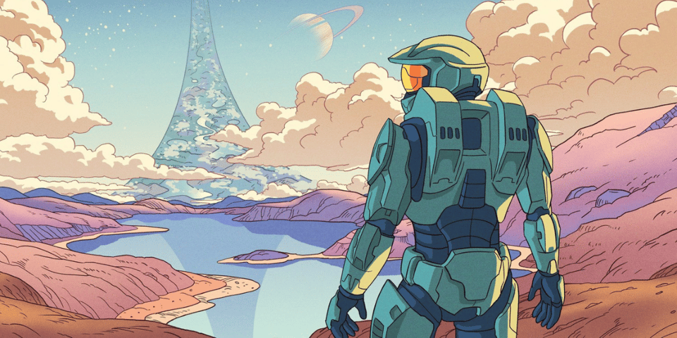 A hand drawn image of Master Chief from Halo.