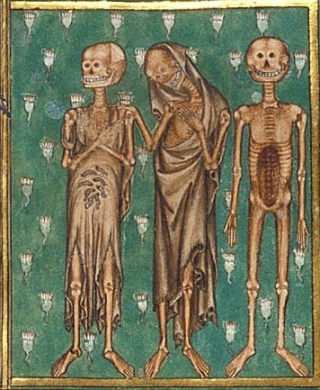 3 skeletons, 1 smiling?, on a field of green from a medieval manuscript