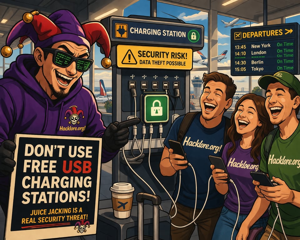 People wearing hacklore.org t-shirts who are laughing at a jester who is telling them to avoid USB charging stations